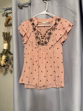 mine Blush Pink Polka Dot Ruffle Sleeve Embroidered V-Neck Top